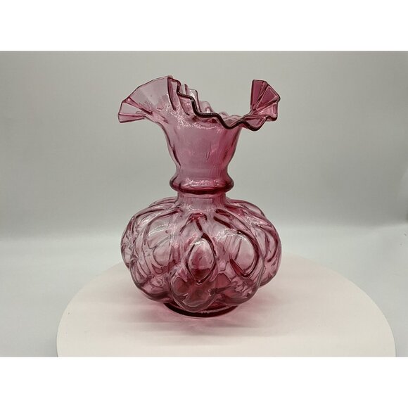 FENTON Cranberry Melon Vase Art Glass Optic Coin Dot Vase Ruffled Edge 8" Tall - Picture 10 of 16
